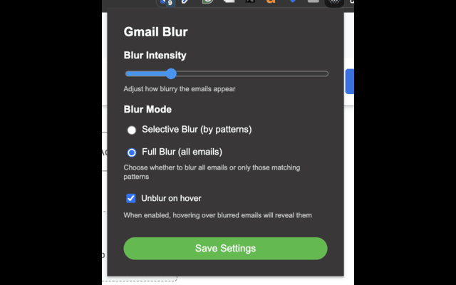 The Selective Blur popup, showing a blur intensity slider, selective vs full blur mode, and an unblur-on-hover toggle