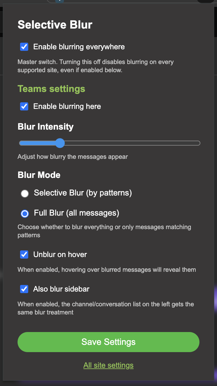 The Selective Blur popup configured for Microsoft Teams
