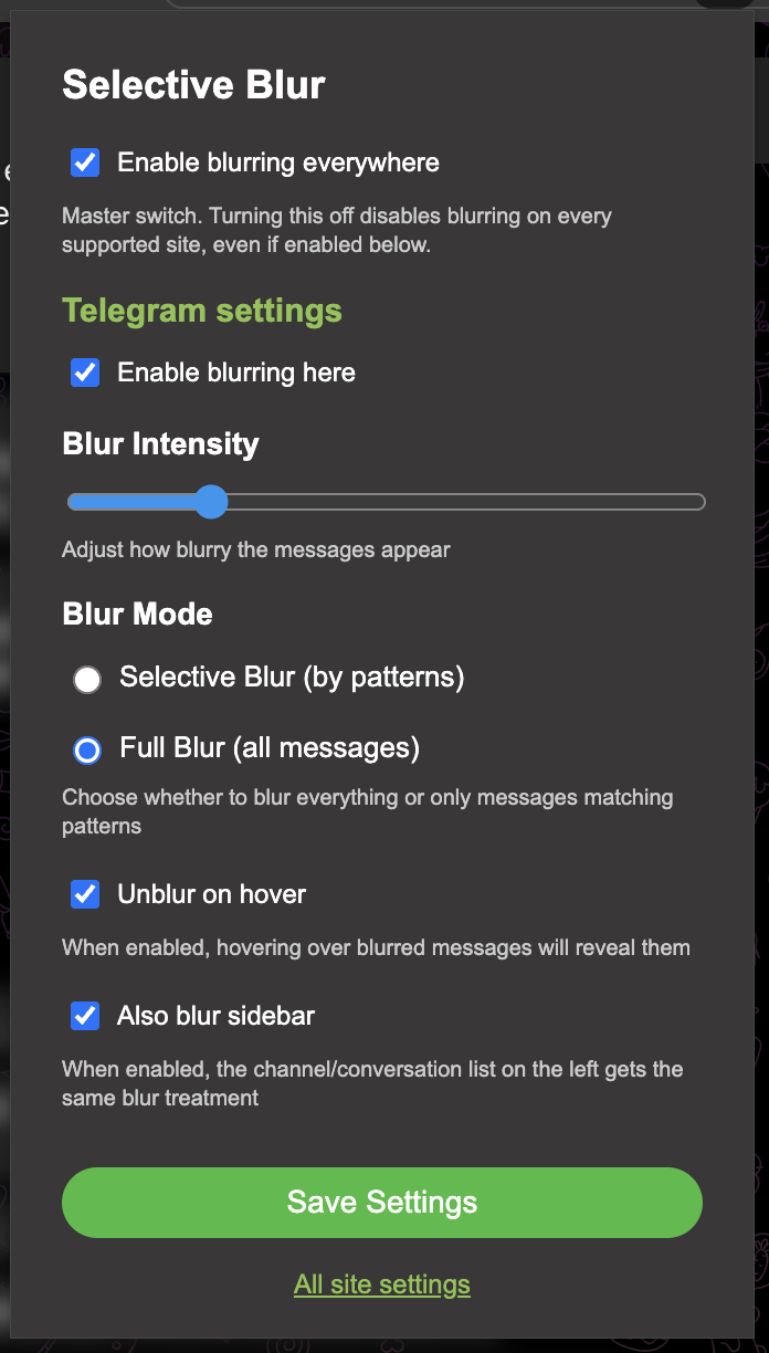 The Selective Blur popup configured for Telegram