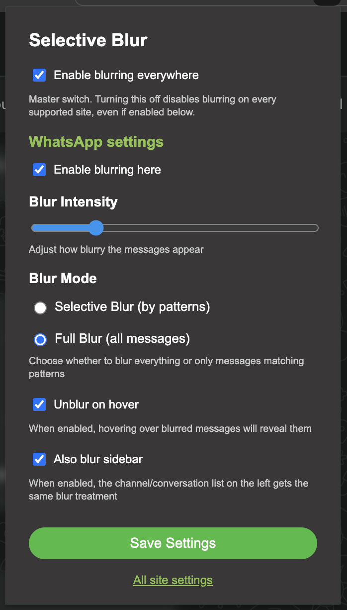 The Selective Blur popup configured for WhatsApp